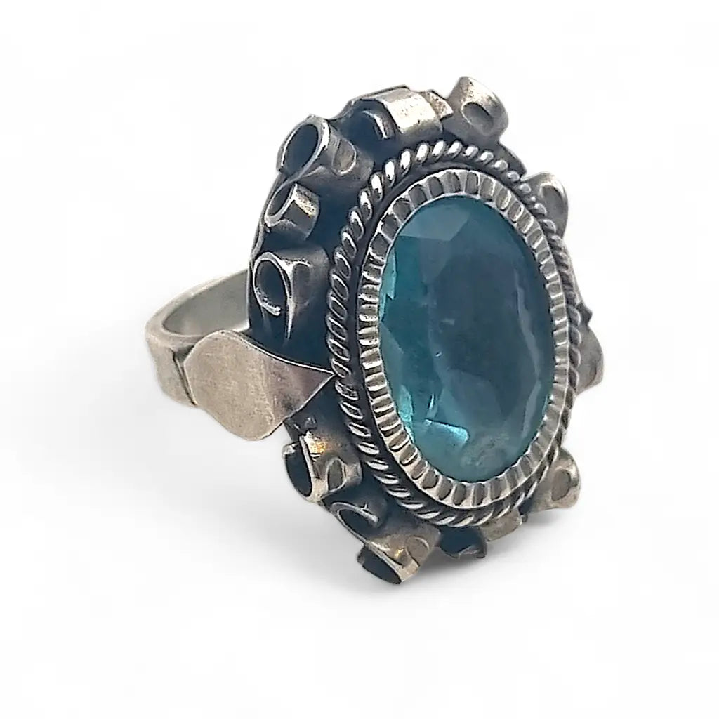 Antiguo Anillo de sello Art Déco en plata y piedra azul 1940 regalos mujer.