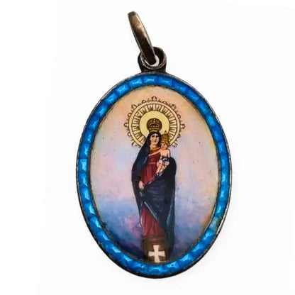 Medalla de Plata Virgen María con el Niño Esmalte Azul Colgante Religioso.