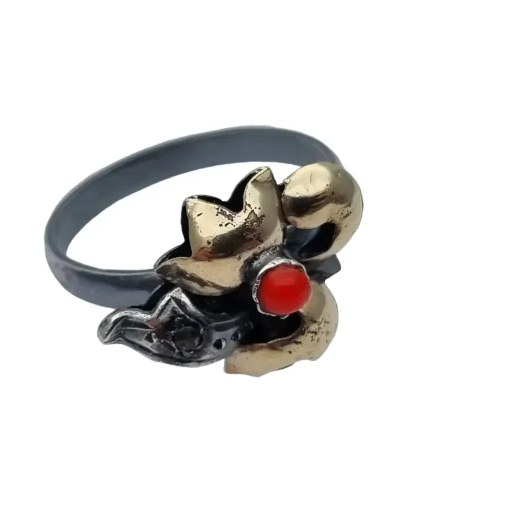 Anillo de flores plata oro y coral para mujer circa 1945. Joyería antigua