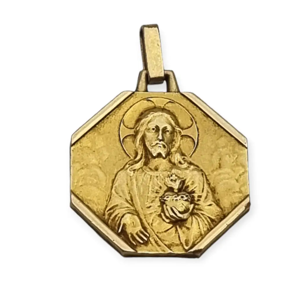 Medalla antigua religiosa de Virgen del Carmen y Sagrado Corazón oro FIX 1910.