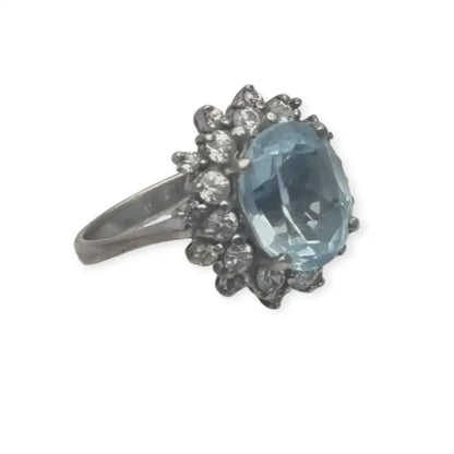 Anillo de cóctel vintage para mujer plata con piedra azul agua y blanca