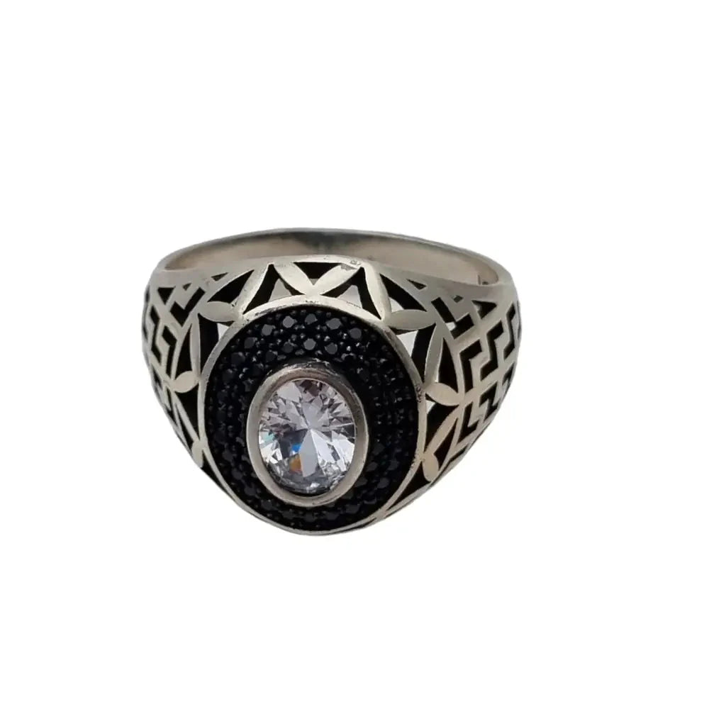 Elegante anillo de plata para hombre piedras brillantes en blanco y negro