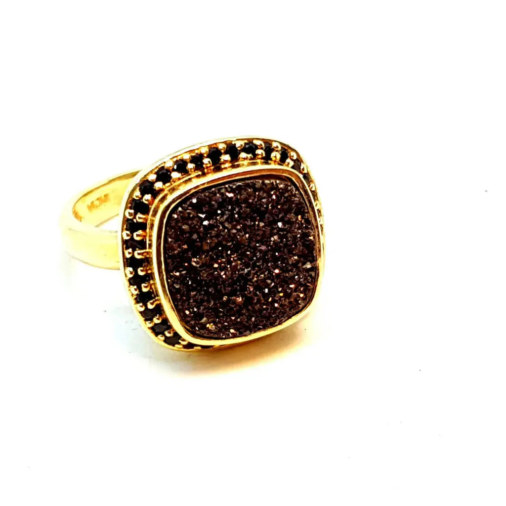Anillo vintage anillo druzy bronce y espinela negra plata oro 14k talla 9