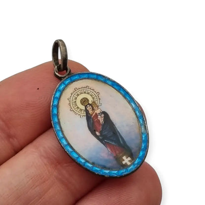 Medalla de Plata Virgen María con el Niño Esmalte Azul Colgante Religioso.