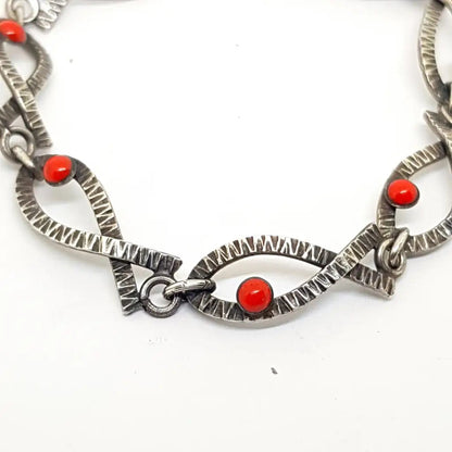 Pulsera vintage de plata Art Deco para mujer con pez esmaltado rojo