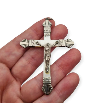 Cruz Art Decó Antiguo de Plata y Nácar 1920 Regalo Religioso