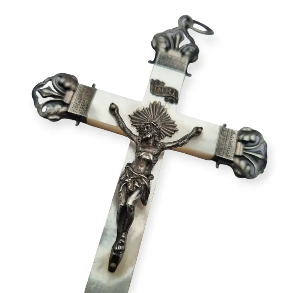 Cruz Antigua de Plata y Nácar pieza católica regalo vintage Joyas Religiosas.