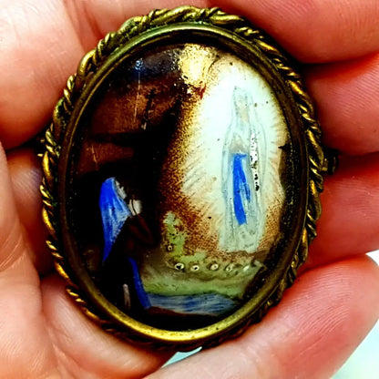 Broche de porcelana con imagen virgen pintada joyería religiosa francesa