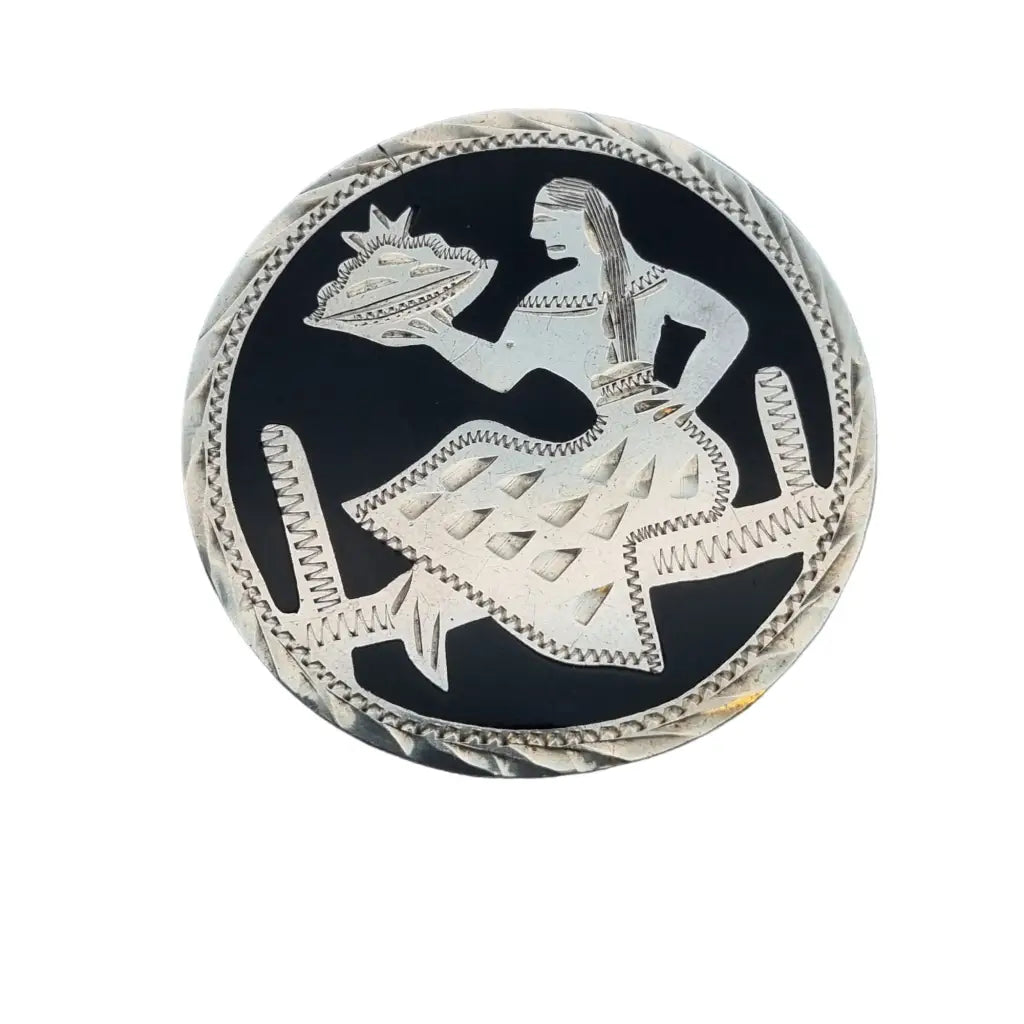Vintage Made in Mexico broche grabado en plata de ley 925 y ónix colgante negro