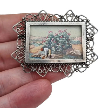 Broche francés en plata con miniatura de pintura firmada por J. Granion